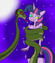  absurdres blush breasts cleavage coils drool forked_tongue furry happy_trance horns horse_girl hypnobrony kaa_eyes large_breasts long_hair long_tongue multicolored_hair my_little_pony night pink_hair purple_hair snake straight-cut_bangs tongue tongue_out twilight_sparkle unicorn_girl 