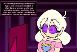 abbie_(mindwave) aged_up ahoge bare_shoulders blonde_hair collarbone english_text expressionless eyebrows_visible_through_hair eyelashes femsub hand_on_head heart hypnoscream hypnotic_screen large_breasts mindwave ring_eyes simple_background solo