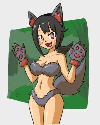 bare_legs bikini bikini_bottom bikini_top black_hair blush cleavage collarbone cosplay fake_animal_ears female_only femsub forest hourglass_figure large_hips looking_at_viewer mythkaz navel nintendo outdoors paws pokemon pokemon_omega_ruby_and_alpha_sapphire ponytail red_eyes short_hair solo spiral_eyes standing zinnia zoroark