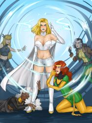 blonde_hair blue_eyes emma_frost female_only femdom femsub kneeling long_hair magik marvel_comics multicolored_hair multiple_girls multiple_subs red_hair rogue spicycheese storm super_hero white_hair x-men