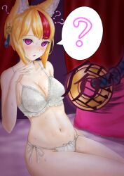 alternate_costume bare_shoulders bikini bikini_bottom bikini_top blonde_hair blush breasts cat_neko_cat cleavage confused female_only femsub fire_emblem fire_emblem_fates fox_girl large_breasts looking_at_viewer midriff multicolored_hair navel nintendo open_mouth pendulum red_hair selkie_(fire_emblem_fates) short_hair sitting speech_bubble spiral_eyes sweat symbol symbol_in_eyes text thighs underwear