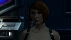  3d angry animated bare_shoulders before_and_after blonde_hair bodysuit boots brown_hair cleavage collarbone dialogue femdom femsub huge_breasts icy_winter_(georgi_gs) jedi_mind_trick kira_carsen lightsaber mask open_mouth sound star_wars text the_old_republic video 