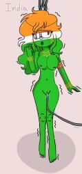  brown_eyes countryhumans eye_roll green_hair green_lipstick green_skin india_(countryhumans) orange_hair orange_skin robotization spiral_eyes white_hair white_skin wires 