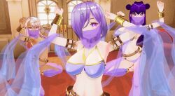  3d arm_bands barefoot black_hair breasts chloe_von_einzbern collar custom_maid_3d_2 dancer dancing dark_skin empty_eyes fate/grand_order fate/kaleid_liner_prisma_illya fate_(series) female_only femsub happy_trance harem harem_outfit inikanata large_breasts lipstick long_hair mashu_kyrielight midriff multiple_girls multiple_subs necklace pink_eyes pink_hair purple_eyes purple_hair see-through short_hair small_breasts smile symbol_in_eyes veil white_hair yang_guifei 