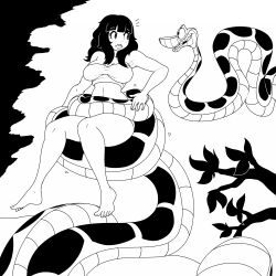  aware black_hair breasts coils disney greyscale hypnofood jungle_girl kaa large_breasts long_hair midriff open_mouth original outdoors snake surprised the_jungle_book thick_thighs thighs tube_top 