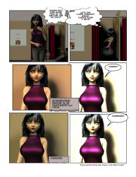  3d bare_shoulders black_hair breasts camera clothed comic english_text expressionless female_only femsub green_eyes hypnotic_light hypnovideo lipstick makeup nude pants smile solo speech_bubble tech_control text thought_bubble 