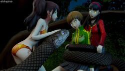 3d bikini black_hair brown_hair chie_satonaka coils disney eh femsub harem headband hypnotic_eyes hypnotized_assistant hypnotized_hypnotist kaa kaa_eyes maledom multiple_girls multiple_subs night outdoors persona_(series) persona_4 rise_kujikawa snake the_jungle_book watermark yukiko_amagi 