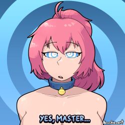  ahoge bangs bare_shoulders blue_background blue_eyes brushie_art collar collarbone convenient_censoring crystal_(zko) dog_tags expressionless eyebrows_visible_through_hair female_only femsub heavy_eyelids large_breasts looking_at_viewer nude open_mouth original pink_hair ponytail signature simple_background solo spiral_background spiralwash_eyes text 
