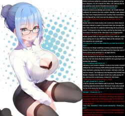  blue_hair breast_expansion breasts femsub forced_employee heart heart_eyes huge_breasts hypnotic_audio k-pring kneeling legs licking_lips maledom manip miniskirt office_lady short_skirt skirt symbol_in_eyes text thighhighs tongue tongue_out unaware 