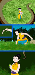  black_hair chichi clothed colorrings comic disney dragon_ball dragon_ball_z dress femsub hair_buns jungle kaa maledom milf smile snake tail the_jungle_book unaware 