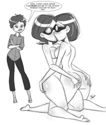 aeolus barefoot bottomless breasts clone disney elastigirl evelyn_deavor femdom femsub french_kiss goggles greyscale helen_parr hypnotic_accessory kissing large_breasts milf nude selfcest tech_control text the_incredibles topless