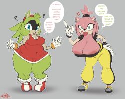  amy_rose blue_eyes bottomless breasts clothed dialogue femsub furry green_eyes moessins multiple_girls multiple_subs piercing sonic_the_hedgehog_(series) surge_the_tenrec text unaware 