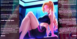  ai_art ass aura bangs bare_legs bare_shoulders blonde_hair blush bragging breasts caption countdown crop_top crossed_legs curvy dialogue enemy_conversion english_text erection_command female_only femdom glowing_eyes gym_uniform handsfree_ejaculation hourglass_figure jaaysiin_(manipper) large_breasts legs long_hair looking_at_viewer male_pov midriff navel novelai_(ai) orgasm_command original pink_eyes ponytail pov pov_sub psychic shorts sitting smile smug spiral sports_bra sports_briefs sportswear story subliminal sweat telepathy text thick_thighs thighs tight_clothing tracey_(jaaysiin) 