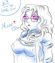  bell bell_collar breasts collar cow_girl cowbell erect_nipples glasses glowing glowing_eyes happy_trance heart hypnogoat666 large_breasts long_hair open_mouth original sketch solo text topless 