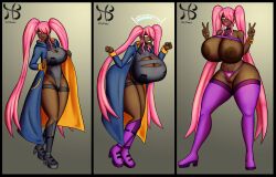 absurdres before_and_after bimbofication boots bracelet breast_expansion cape character_request cleavage cleavage_cutout clothed_exposure collarbone comic dark_skin double_v hiastobasement huge_breasts leotard lipstick makeup navel nipples original panties pink_hair pink_lipstick progress_indicator shrunken_irises simple_background tagme tech_control thigh_boots thighhighs torn_clothes twintails underwear v very_long_hair yellow_eyes