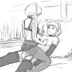  androgynous bed bra breasts candle choker crossdressing earrings empty_eyes femdom feminization gloves greyscale hypnotic_fire jewelry lingerie maid malesub monochrome open_mouth opera_gloves original panties pantyhose pillow short_hair sketch sleepymaid thighhighs topless underwear 
