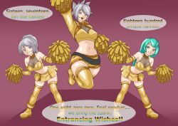 absurdres alternate_costume blue_hair bzurrrf cheerleader desire_(pokemon_ew) dialogue english_text femsub grey_hair haxa_(pokemon_ew) lura_(pokemon_ew) multiple_girls multiple_subs nintendo pokemon pokemon_entrancing_wishes ponytail simple_background small_breasts source_request spiral_eyes sunglasses text
