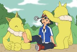  ash_ketchum black_hair brown_eyes brynhexx cap dazed drool empty_eyes feet hat heavy_eyelids hypno jacket male_only maledom malesub multiple_boys multiple_doms nintendo outdoors pendulum pokemon pokemon_(anime) pokemon_(creature) sitting sleepy standing 