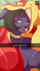 breasts cat_girl choker femsub furry happy_trance imminent_vore jewelry kaa_eyes large_breasts makeup necklace original plsgts saalim_(plsgts) selfie short_hair snake text tongue tongue_out