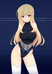  angry arms_behind_back bare_shoulders before_and_after blonde_hair blue_background blush brown_eyes large_breasts leotard long_hair looking_at_viewer open_mouth simple_background standing thighhighs 