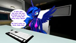 3d absurdres bimbofication blue_hair brain_drain breasts cleavage cuddlycarlos drool female_only femsub furry happy_trance horse_girl huge_breasts large_breasts long_hair multicolored_hair my_little_pony open_mouth princess_luna source_filmmaker spiral_eyes symbol_in_eyes tech_control text western wings