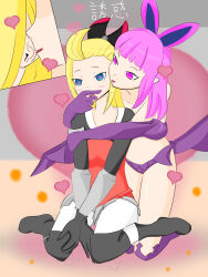 bare_shoulders blonde_hair blush bravely_default breasts bunny_ears charm_(spell) demon_girl edea_lee femdom femsub finger_to_mouth gloves heart heart_eyes hug hypnotic_magic japanese_text kneeling long_hair magic opera_gloves pink_eyes pink_hair sitting square_enix succubus succubus_(bravely_default) symbol_in_eyes text thighs translation_request udan_ketam wings yuri