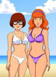 beach bikini breasts daphne_blake femsub glasses jimryu large_breasts scooby-doo_(series) spiral_eyes swimsuit symbol_in_eyes velma_dinkley
