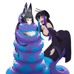  bare_shoulders black_hair blue_hair breasts cleavage clothed coils female_only femdom femsub happy_trance hoshimi_miyabi hypnotic_eyes kaa_eyes kimono large_breasts leaning_forward legendsnjk long_hair multicolored_hair naga_girl open_mouth original purple_hair smile twilight_(tentacleblast_&amp;_twilightotaku) yuri zenless_zone_zero 