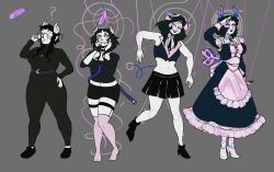  before_and_after black_hair blush doll_joints dollification eye_roll glasses gloves glowing_eyes grey_skin hand_on_hip happy_trance high_heels horns maid maid_headdress midriff pants pink_eyes puppet saluting shirt shoes short_hair simple_background skirt smile soldierexclipse solo standing standing_at_attention tagme thighhighs tie transformation wind-up_key 