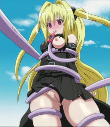 blonde_hair bondage breasts empty_eyes female_only femsub golden_darkness hypnotic_gas hypnotic_tentacle large_breasts leather long_hair manip one_breast_out red_eyes tentacles to_love_ru twintails vanndril_(manipper)
