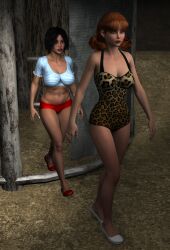 3d black_hair female_only femsub gilligan&#039;s_island ginger_grant hypnotic_accessory hypnotized_walking leopard_print mary_ann_summers member9 multiple_girls multiple_subs one-piece_swimsuit red_hair short_hair swimsuit