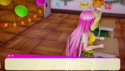  3d animated black_hair blackboard chupisan clothed english_text faceless faceless_male femsub green_eyes hypnotic_gun japanese_text kenichi_saruyama lala_satalin_deviluke long_hair maledom malesub mmd orange_hair pants pink_hair rito_yuuki school_uniform shirt short_hair sitting skirt sound tech_control text to_love_ru uniform video 