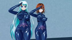  3d blue_eyes blue_hair bodysuit breasts brown_hair crotch_tattoo custom_maid_3d_2 empty_eyes erect_nipples_under_clothes hanon_(tiger_u_r) large_breasts latex long_hair remilinlin rubber saluting short_hair standing standing_at_attention tattoo thick_thighs 