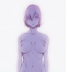 bottomless breasts empty_eyes fate/grand_order fate_(series) femsub glowing glowing_eyes hair_covering_one_eye large_breasts looking_at_viewer mashu_kyrielight midriff nipples nude open_mouth pink_hair puge short_hair standing standing_at_attention topless