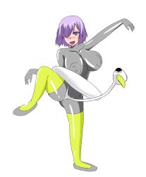 absurdres barenaitoomotte blush bodysuit breasts clothed clothed_exposure empty_eyes erect_nipples erect_nipples_under_clothes eyeshadow fate/grand_order fate_(series) female_only femsub haigure hair_covering_one_eye huge_breasts humiliation lipstick makeup mashu_kyrielight nipples open_mouth penis_swan purple_eyes purple_hair ring_eyes shoes short_hair simple_background smile solo symbol_in_eyes thighhighs thighs tight_clothing tongue_out white_background