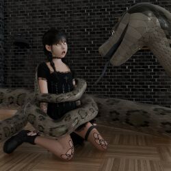  3d black_hair choker coils dazed disney femsub hypno_ninja hypnotic_eyes kaa kneeling open_mouth restrained ring_eyes snake the_addams_family the_jungle_book wednesday_addams 