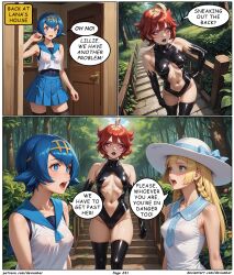 ai_art blonde_hair blue_hair devianbar dialogue empty_eyes femsub happy_trance lana_(pokemon) large_breasts latex lillie_(pokemon) long_hair mela_(pokemon) nintendo pokemon red_hair short_hair team_hypno text