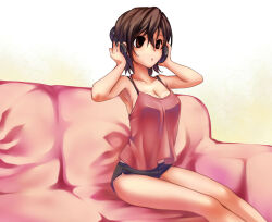 breasts brown_eyes brown_hair empty_eyes expressionless female_only femsub headphones hypnotic_accessory hypnotic_audio hypnotic_music large_breasts manip short_hair short_shorts solo tech_control tiechonortheal_(manipper)