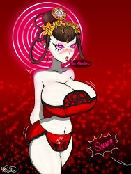  arms_behind_back bare_legs bare_shoulders blush breasts brown_hair cleavage clothed dialogue drool earrings expressionless eye_roll finger_snap glowing_eyes hair_ornament huge_breasts hypnotized_walking lipstick midriff navel nuwa_(shin_megami_tensei) open_mouth orphan2 pale_skin pink_eyes pussy_juice red_lipstick shin_megami_tensei shin_megami_tensei_v text trembling trigger updo 