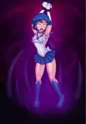 armpit_hair armpits arms_above_head blue_eyes blue_hair bondage choker corruption discolored_nipples earrings gloves jewelry open_mouth opera_gloves red_skin rick404 sailor_mercury sailor_moon_(series) short_hair shrunken_irises solo tentacles torn_clothes transformation