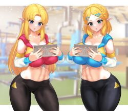  a_link_between_worlds absurdres blonde_hair breasts breath_of_the_wild dazed drool dual_persona elf_ears empty_eyes femsub hypnotic_screen large_breasts long_hair midriff multiple_persona navel nez-box nintendo open_mouth princess princess_zelda short_hair tech_control the_legend_of_zelda 