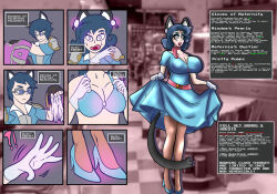  animal_ears before_and_after bra breast_expansion cleavage collarbone domestication dress earrings eyeshadow feminization femsub gameplay_mechanics gaminglover gloves high_heels large_breasts leggings lipstick pantyhose red_lipstick short_hair solo spiralwash_eyes standing stepfordization tail text transformation transgender 