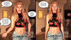  3d bare_shoulders before_and_after comic dialogue expressionless femdom femsub hexxet jean_skirt jessica_rondell long_hair lucine_kalington navel orange_hair skirt text the_gift whitewash_eyes 