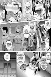 ass blush bra breasts clothed_exposure comic date empty_eyes expressionless fellatio femsub hypnotic_audio kneeling large_breasts long_hair maledom multiple_girls open_clothes original panties penis resisting school_uniform tears tech_control text tongue tongue_out underwear unhappy_trance