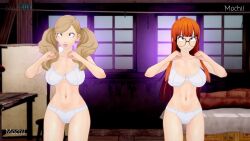  3d ann_takamaki blonde_hair bouncing_breasts chicken_pose english_text female_only femsub futaba_sakura glasses happy_trance koikatsu! lunastra mochi_dance orange_hair persona_(series) persona_5 purple_eyes text underwear video 