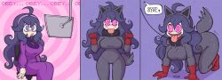  ahoge all_fours bodysuit breasts collar comic dialogue drool expressionless female_only femsub happy_trance hex_maniac hypnotic_screen large_breasts leash long_hair nintendo pet_play pink_eyes pokemon pokemon_x_and_y spiral_eyes stealth-brock symbol_in_eyes tech_control text tongue tongue_out zorua 