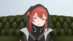 3d airmotor animal_ears animated animated_gif arknights closed_eyes clothed couch crownslayer_(arknights) dazed eye_roll fangs female_only femsub hair_clips harness hoodie hyena_girl jacket limp mask mmd open_mouth orange_eyes red_hair shirt sleep_command sleepy slouching traditional_hypnosis unfocused_eyes