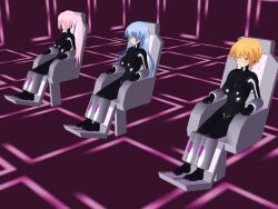  3d 3d_custom_girl blonde_hair blue_eyes blue_hair bodysuit catsuit chair erect_nipples_under_clothes eyes_plant_(saihate_no_majo) latex long_hair magical_girl multiple_girls pink_hair restrained rubber saihate_no_majo short_hair sitting twintails 