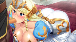  all_fours altered_common_sense ass blonde_hair blue_eyes blush breasts censored choker cleavage clothed clothed_sex collarbone crown cum cum_on_body cum_on_breasts dress farasha_awar_crusch fellatio femsub game_cg happy_trance heterosexual huge_breasts jewelry kyonyuu_princess_saimin large_breasts long_hair long_skirt lune netorare open_mouth oral penis sex skirt 