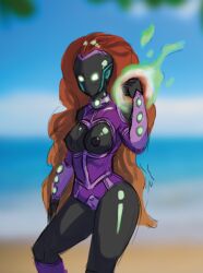 10dsketches alien alien_girl bodysuit breasts cameltoe collar corruption dc_comics drone erect_nipples female_only femsub glowing glowing_eyes huge_breasts latex red_hair starfire super_hero tech_control teen_titans very_long_hair western